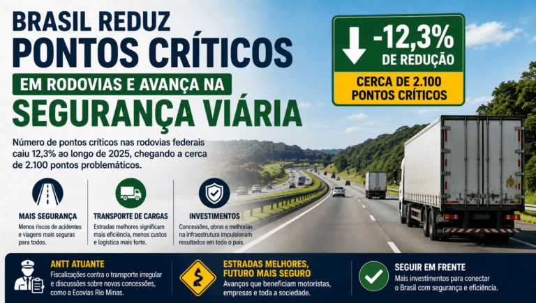 Segurança viária nas rodovias brasileiras melhora com redução de 12,3% dos pontos críticos nas estradas federais.