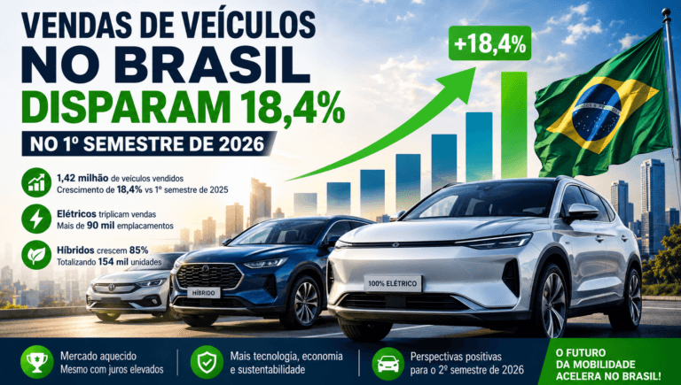 Vendas de veículos no Brasil 2026 mostram crescimento de 18,4% no primeiro semestre