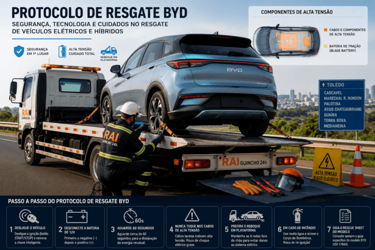 Caminhão plataforma transportando um veículo BYD elétrico durante operação de reboque seguro em rodovia.